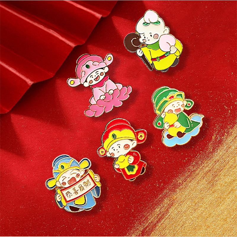 New Style Air Conditioning Five Blessings God of Wealth Brooch, New Year's Metal Enamel Badge, Coat Backpack Fortune-Attracting Decoration Pendant Wholesale New Style Air Conditioning Five Blessings God of Wealth Brooch, New Year's Metal Enamel Badge, Coat Backpack Fortune-Attracting Decoration Pendant Wholesale