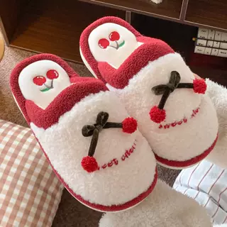 可爱樱桃毛绒棉拖鞋女冬蝴蝶结厚底加绒居家防滑甜美包头毛毛拖鞋