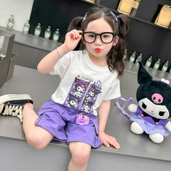 女寶寶夏季洋氣范休閒短袖庫洛米套裝2024新款時尚舒適甜美可愛風