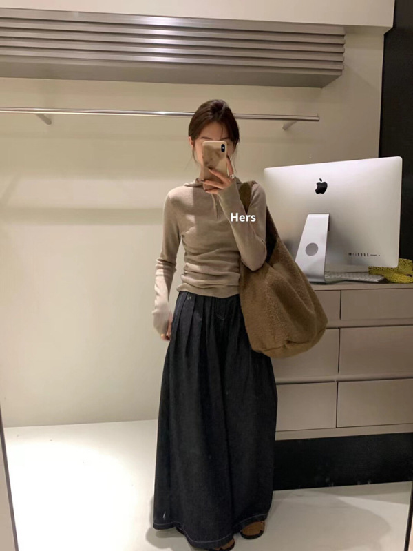 韩系温柔半拉链连帽针织衫女秋冬内搭慵懒修身打底毛衣设计感上衣|undefined