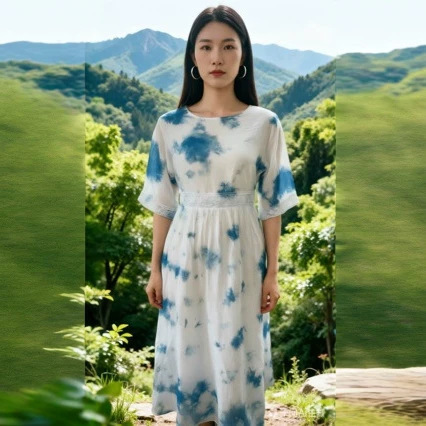 Loose-fitting plus-size short skirt, hand-dyed blue dress, plus-size friendly plant-dyed skirt, Yunnan travel lace skirt Loose-fitting plus-size short skirt, hand-dyed blue dress, plus-size friendly plant-dyed skirt, Yunnan travel lace skirt