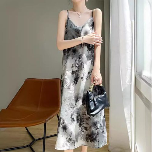 Embroidered one-shoulder satin spaghetti strap dress for women - Spring and Summer round neck long dress