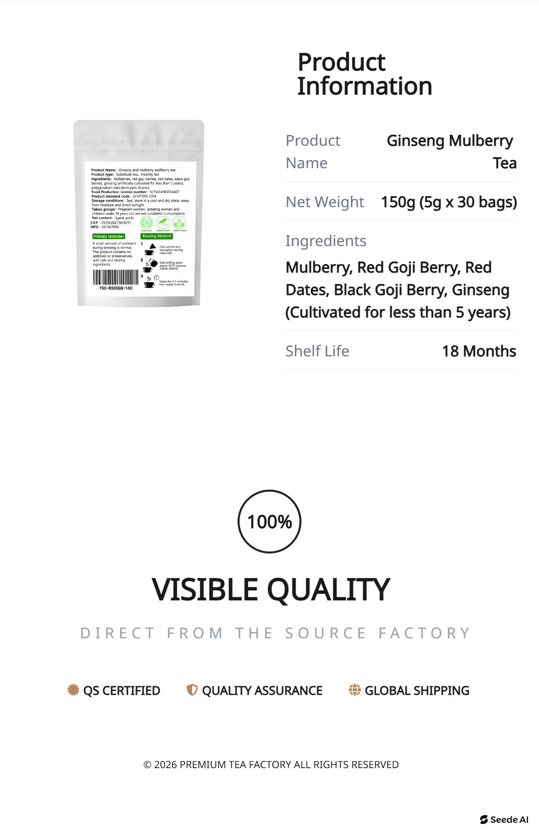 Ginseng Mulberry Wolfberry Herbal Tea 100g Cold Brew Blend with Red Dates and Goji specifications