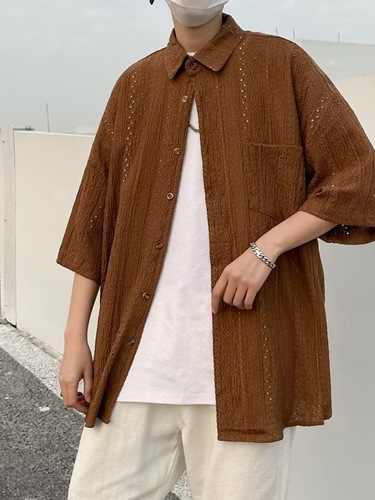 Stylish Basic Youth Trendy Literary Summer Quality Fashion Square Collar Plain Simple Trendy Men's Shirt