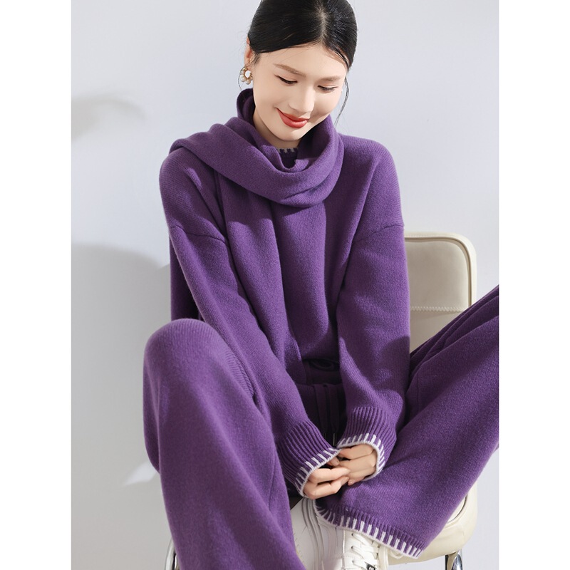 Autumn and Winter Pure Wool Knitted Suit Bottoming Shirt Sweater High Waist Straight Wide Leg Pants Scarf Women's Three-Piece Suit