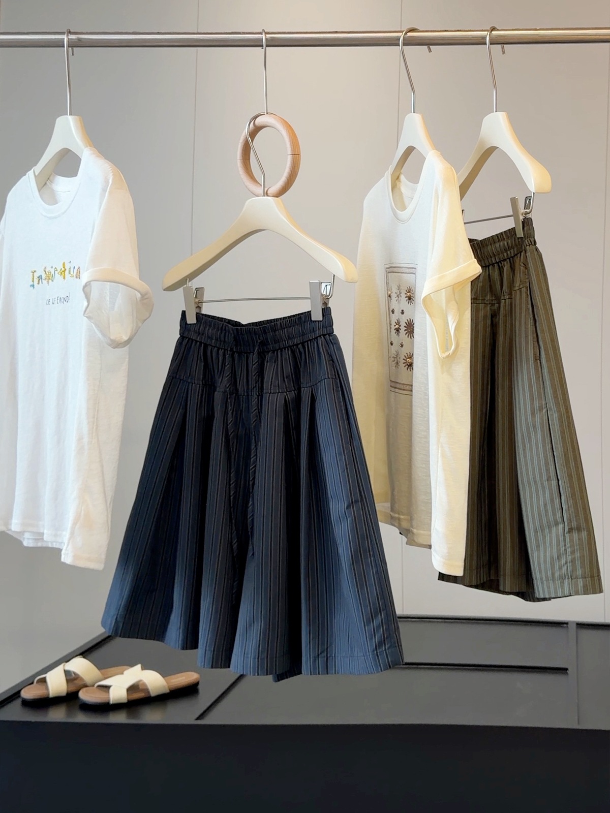 Retro Women's Drawstring Striped Casual Pants Slimming Flattering Loose Fit Wide Leg Shorts Five Point Skirt Style Summer_ecoleips.com
