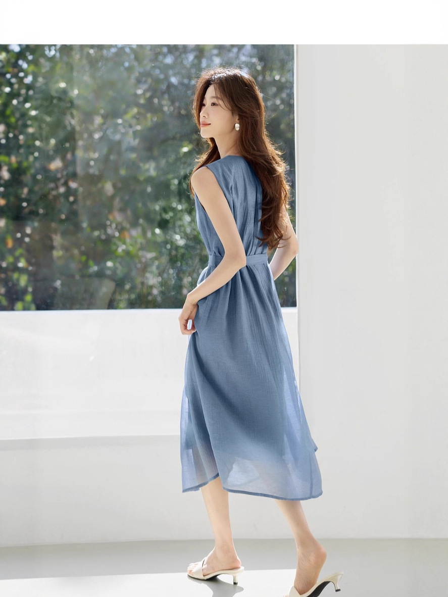 Váy đầm nữ cổ tròn eo thắt dáng chữ A phong cách công sở — Màu xanh da trời