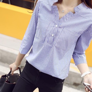 Business Dress Shirt Women's Summer New Small V-neck Loose Top T-shirt Classic Vertical Stripe Collar Pullover Shirt