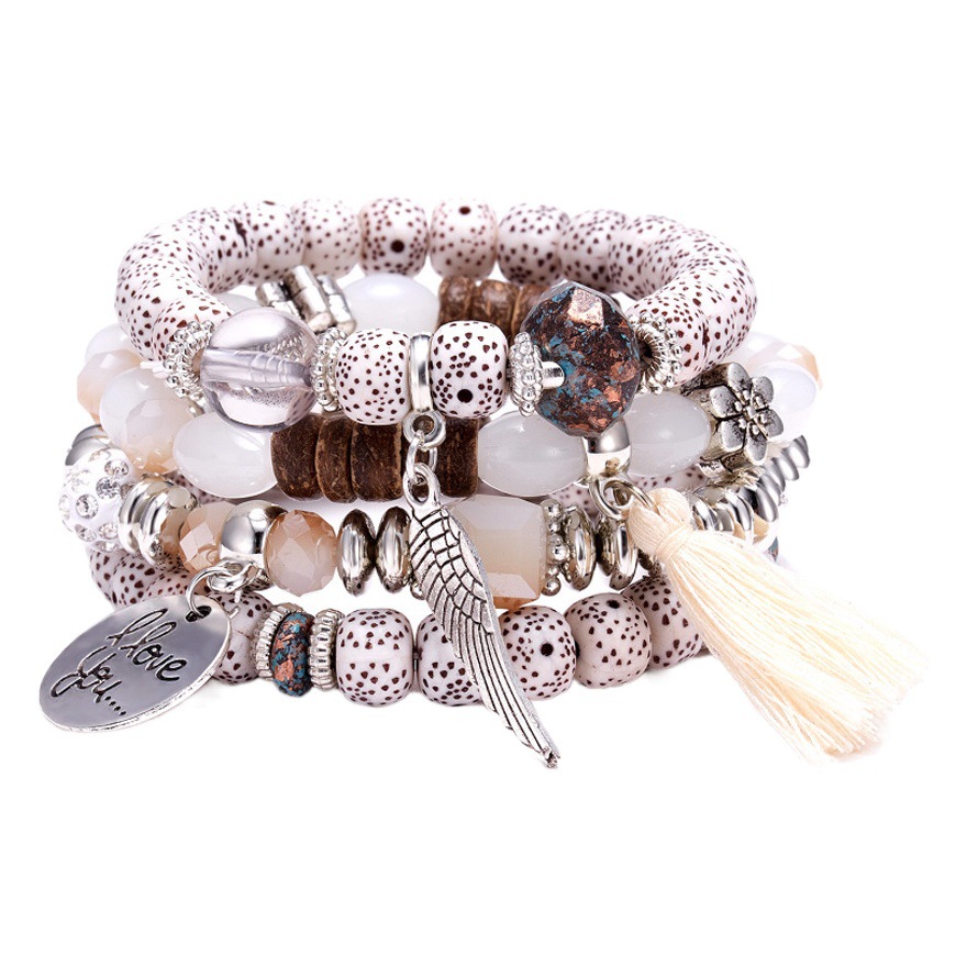 Amazon transfronterizo europeo y americano nuevo cristal multi-capa contraste color turquesa pulsera hoja aleación borla Conjunto de 4 piezas en stock