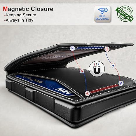 Amazon doble tapa de metal plegable RFID anti-robo multifuncional tarjeta abrazadera vertical y horizontal cartera de cuero de contraste