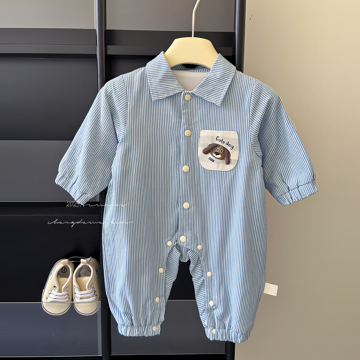 Boys' Striped Romper 2026 Autumn Children's Clothes Baby Boy Cute and Handsome Puppy Pocket Jumpsuit Going Out Trendy