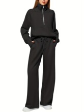 B 18225 Oversized Half Zip Sweatshirt Wide Leg Pants Set ŷ