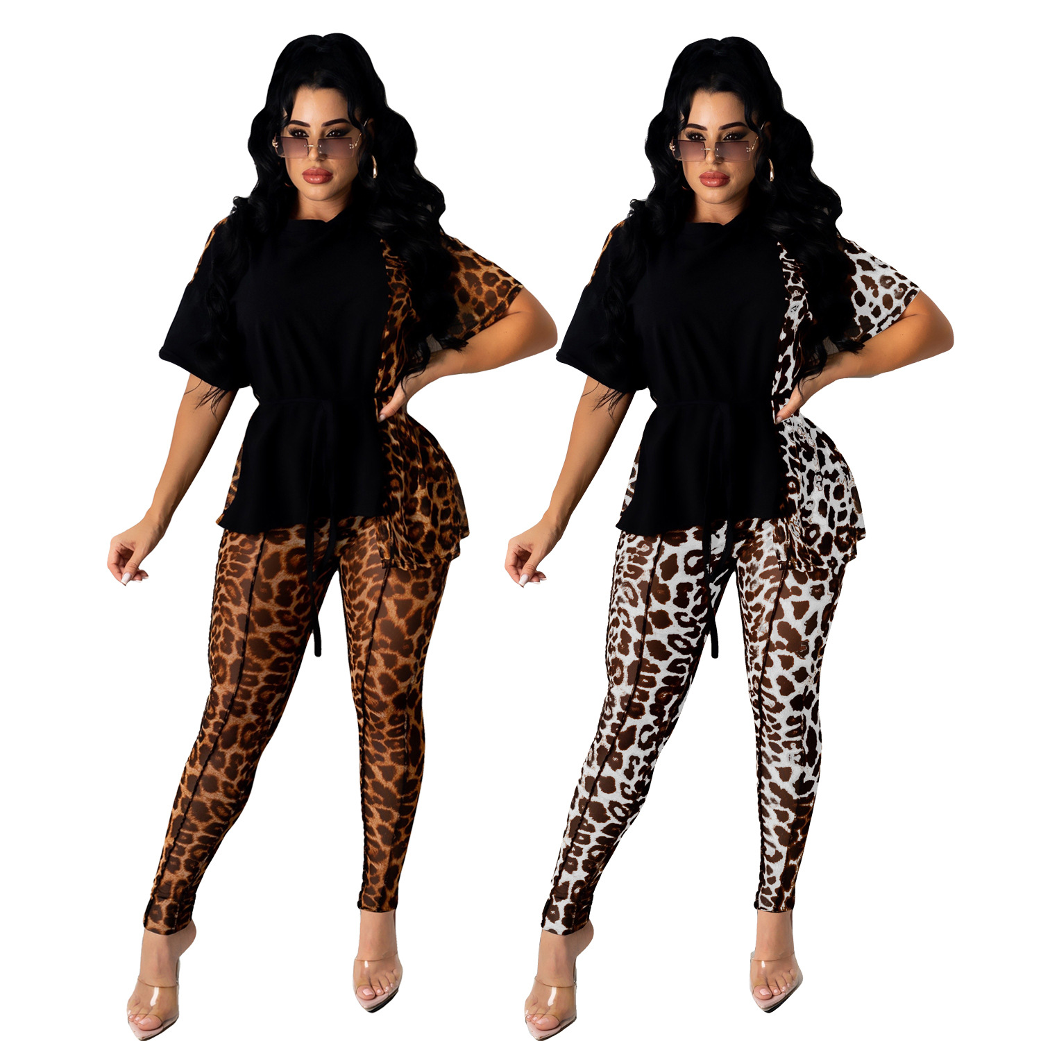 Leopard Print Stitching Short-Sleeved T-Shirt Trousers Set NSALI85439