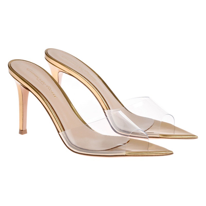 Sandalias de tacón alto de TPU de moda europea y americana de Guangdong Huizhou para mujer, verano 2025, punta abierta, tacón de aguja, punta puntiaguda y transpirable.