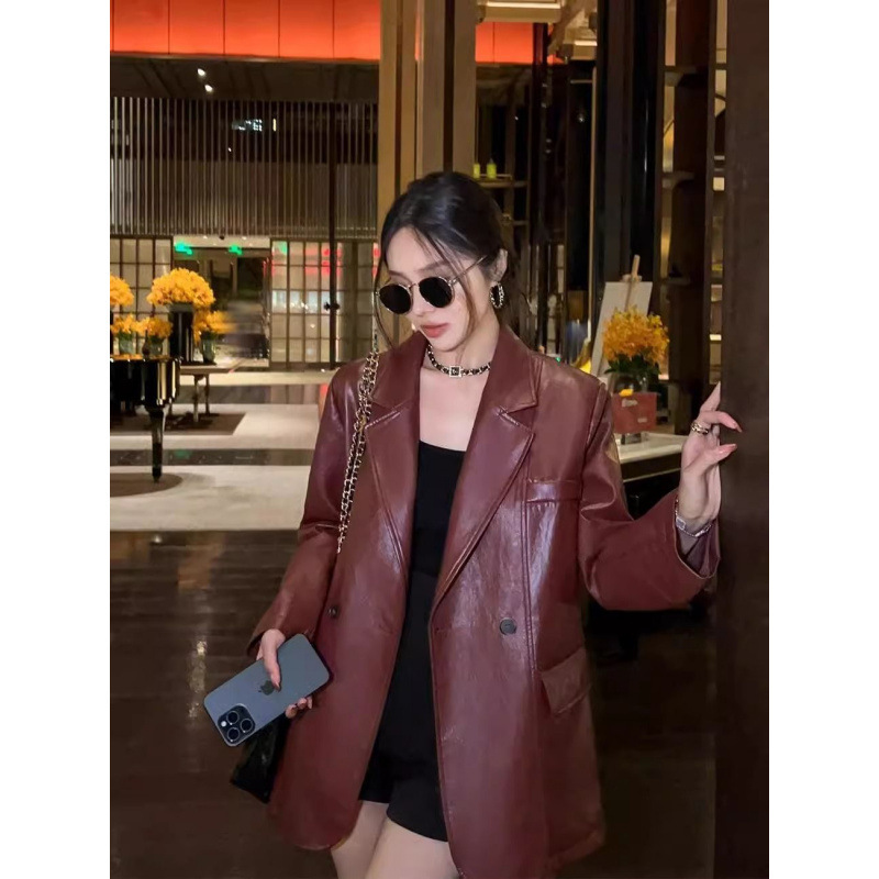Angola Red Fried Street Retro PU Leather Suit 2024 Autumn and Winter New Loose Hong Kong Style Leather Jacket Women's Top