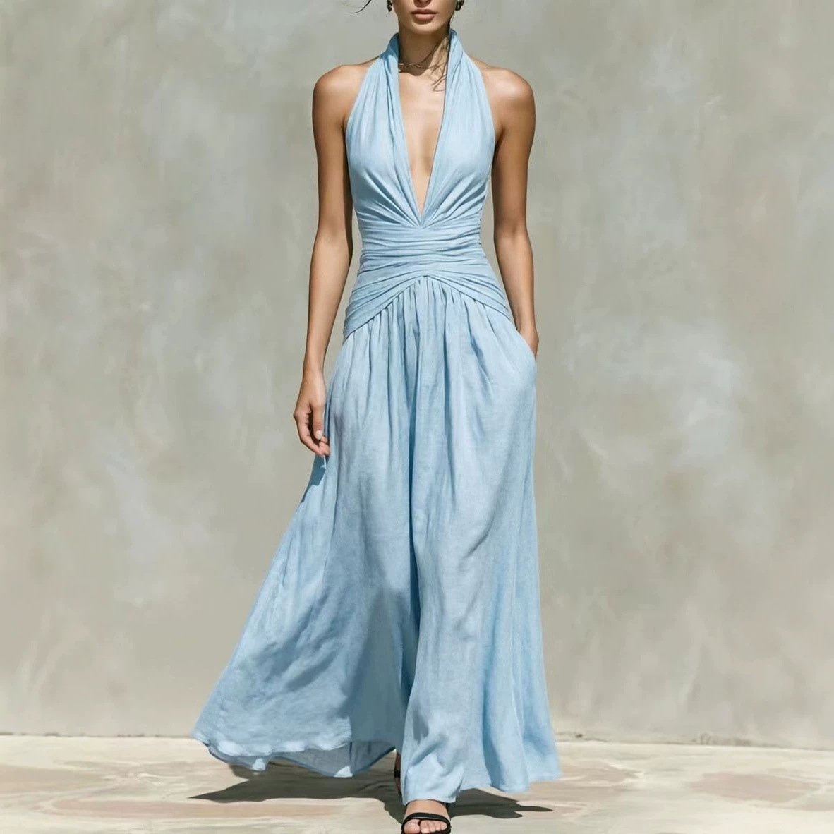 Comercio exterior exclusivo para Europa y América sexy cuello profundo vestido de cuello en V cintura delgada vestido de vacaciones largo sin mangas