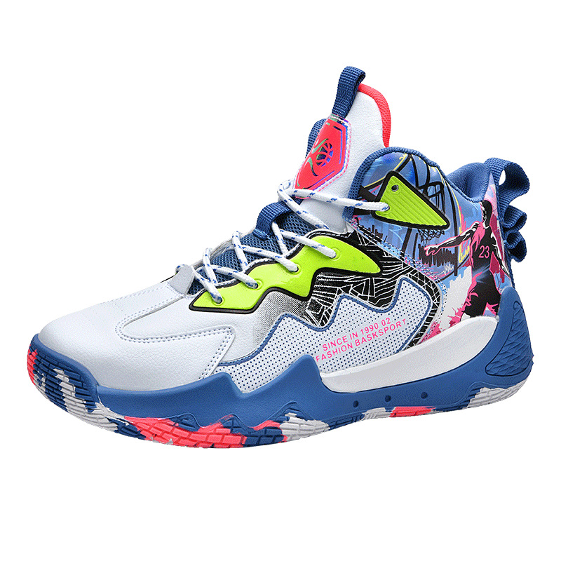 Zapatos transfronterizos para hombre, zapatos de baloncesto de punto con mosca, zapatos deportivos de verano de caña alta, zapatos de entrenamiento para estudiantes jóvenes de camuflaje de malla de moda image 18
