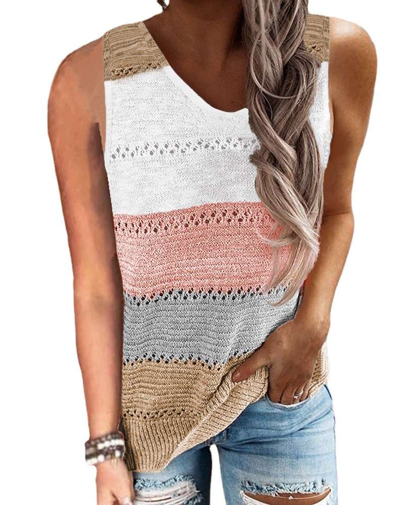 2021春季跨境外贸女装针织衫wish亚马逊ebay新款条纹拼色毛衣背心