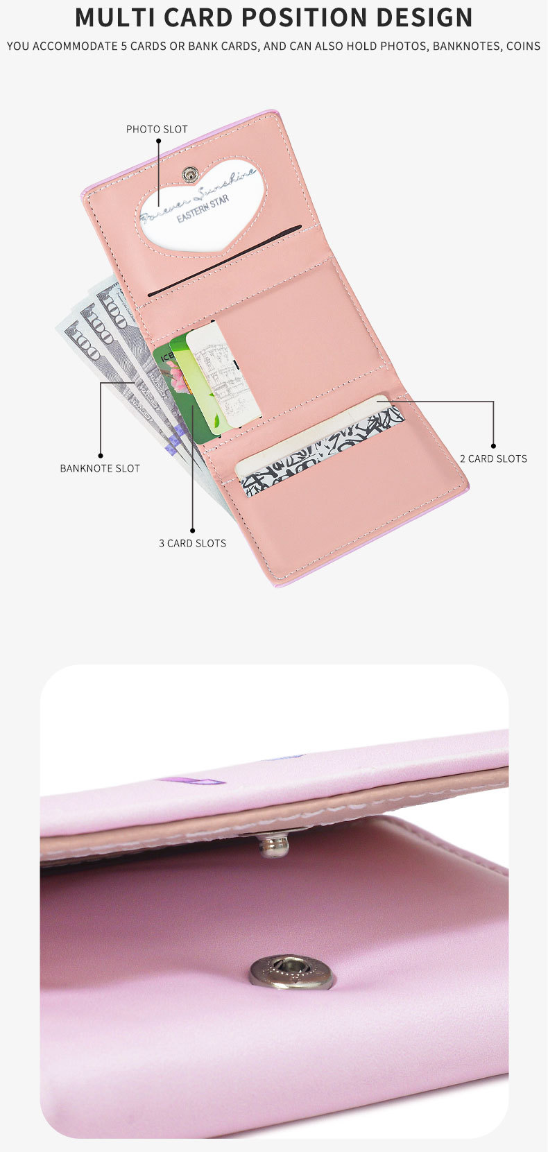 48g Weight Polyester Lining Material Magnetic Buckle Closure Type Small Wallets Bags Type Women's Cartoon Pu Leather Magnetic Buckle Wallets