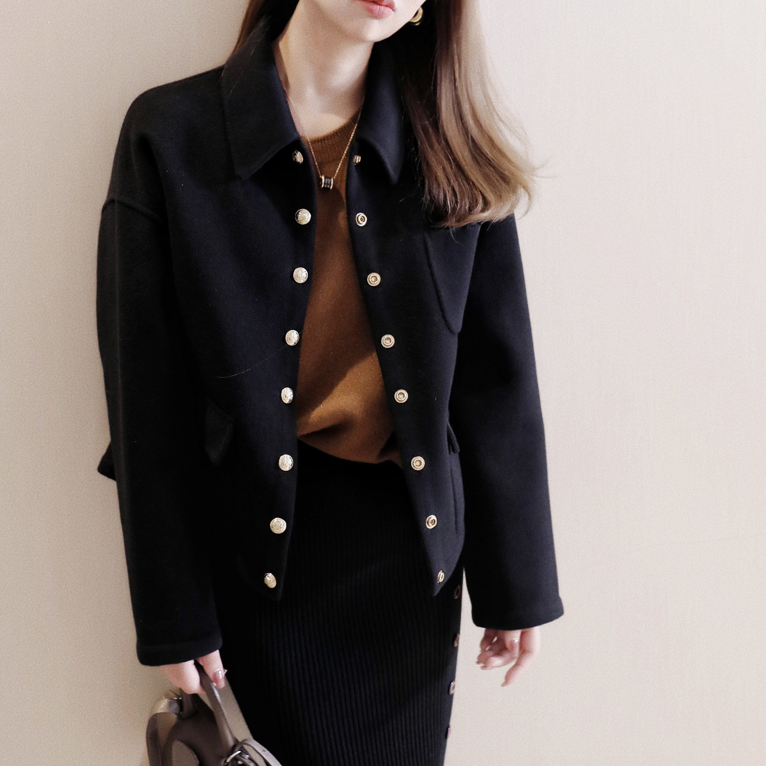 Elegant Western style high quality Korean style trendy three-dimensional cut cocoon metal buckle with 10 cashmere double-sided woolen coat