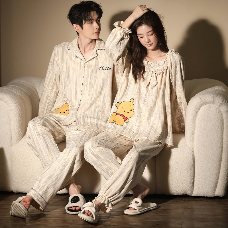 Couple Pajamas for Women Spring & Fall Pure Cotton Long-Sleeved Sweet and Cute Pullover Home Clothes Men's Cartoon Cardigan Can Be Worn Outside the Suit