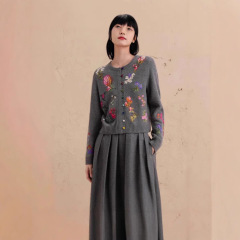 【ベルベット虹ボタン】ER ~ 丸首ジャカードカシミヤカーディガン女24冬新商品厚手ニットコート