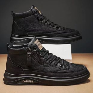 Autumn New Trendy High-Top Casual Shoes Men's Side Zipper Sneakers Korean Style Versatile Student Mid-Top Leather Boots
