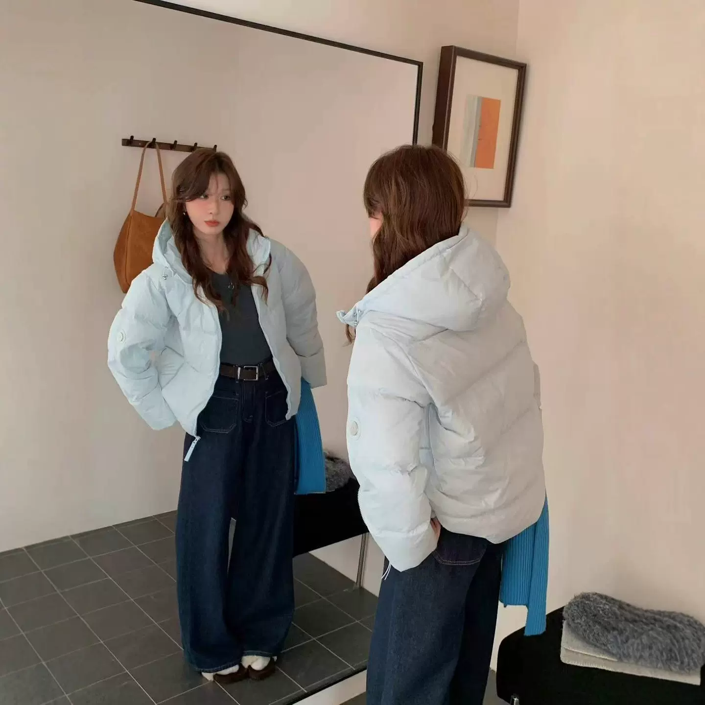 2025年新款90白鸭绒短款羽绒服女冬季连帽韩版加厚面包服情侣可穿