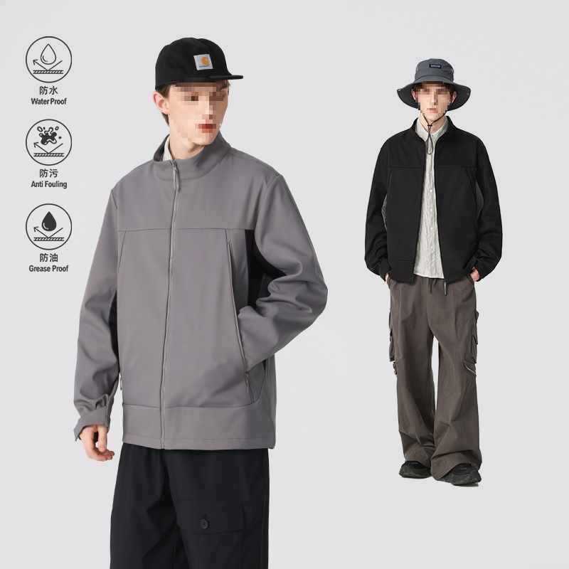 Outdoor Soft Shell Color-Blocked Stand-Up Collar Jacket Men's Autumn and Winter Thickeneded Windproof and Waterproof Jacket Black Without Off-White