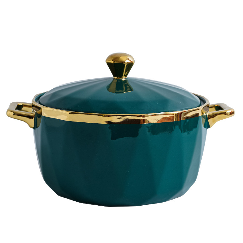 Luz de lujo Esmeralda borde dorado hogar tazón de sopa de cerámica personalidad creativa instantánea fideos tazón con tapa Internet celebridad vajilla doble oído tazón