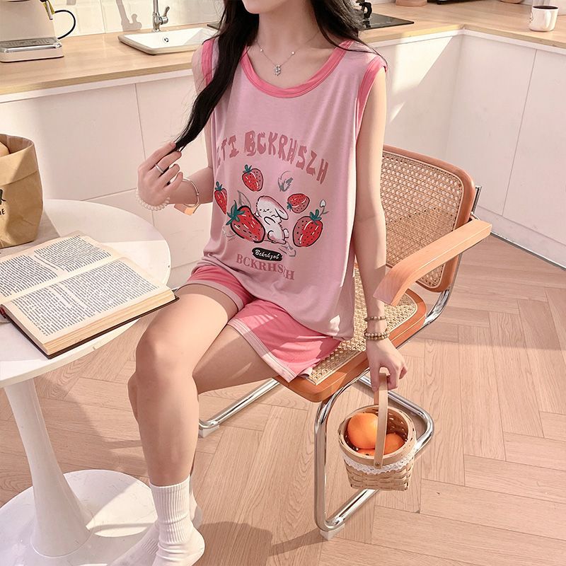 Pijamas de verano al por mayor transfronterizos con cojín de pecho de mujeres pantalones cortos sin mangas chaleco de dibujos animados set de hilo de hielo ropa de hogar fría