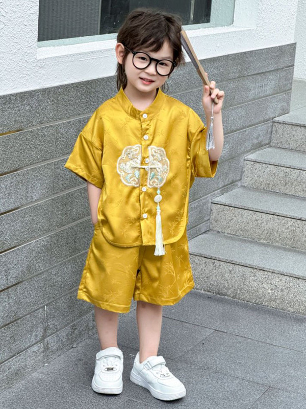 新しい子供の中国風スーツ夏の男の子の唐スーツ漢服半袖9点パンツ古代スタイルの新しい中国風の2点セット|undefined