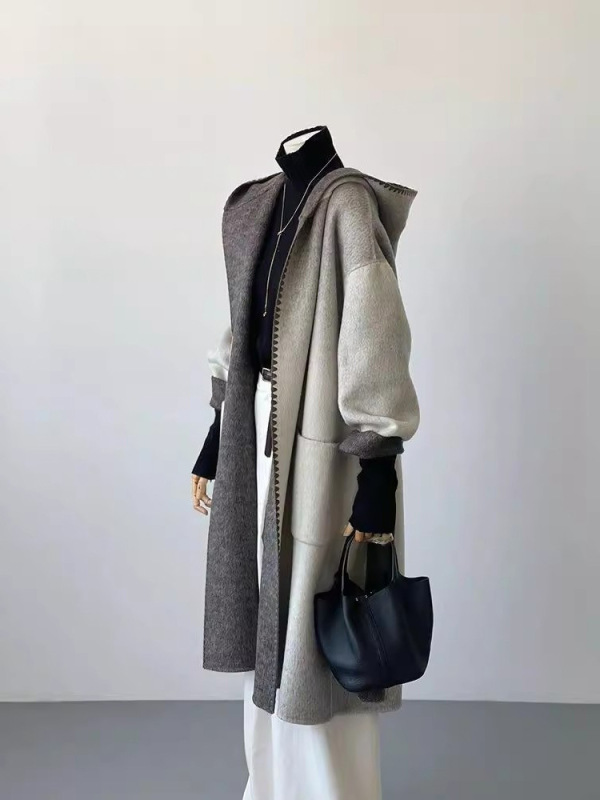 日系轻奢设计师款双面羊绒连帽大衣女2025秋冬季灰色渐变长款外套|undefined