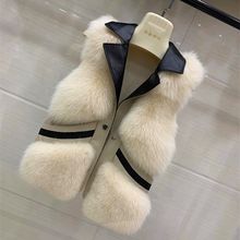2025纯色整皮仿狐狸毛皮草马甲女短款皮革口袋V领秋冬外套