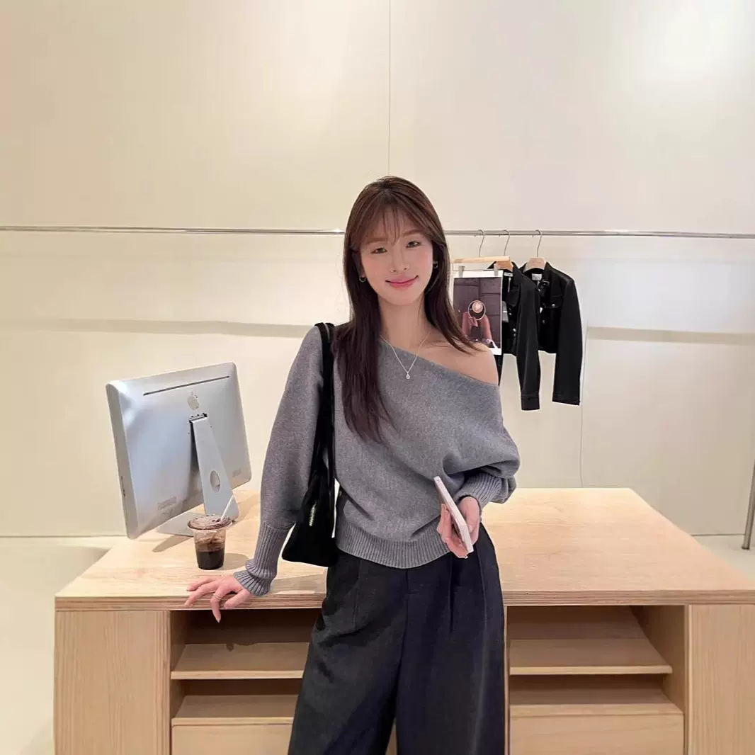 纯欲风针织衫长袖新款春秋季内搭毛衣打底衫高级感显瘦一字肩上衣
