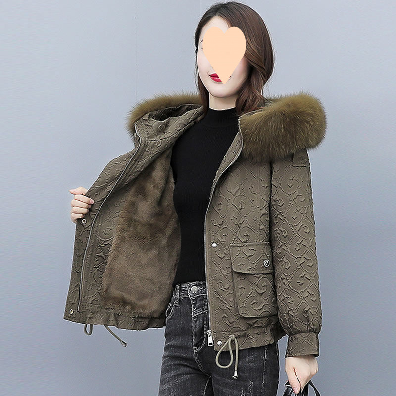 Large wool collar cotton jacket for women short plush new small cotton jacket slim and versatile women's cotton coat embossed work jacket for women