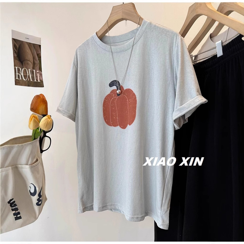 Extra Large Size 120kg Pumpkin Cute Print Snowflake Cotton Short-Sleeved T-Shirt Women's Korean Style Summer Thin Top