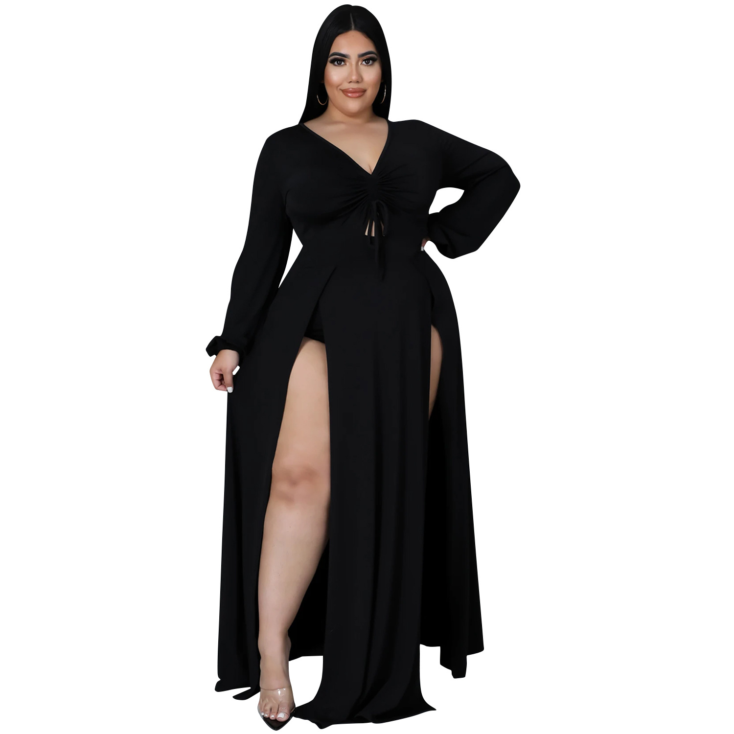 Solid Color Plus Size V-Neck Long-Sleeved Hollow Split Lace-Up Dress With-Separate-Panty NSXYZ110900