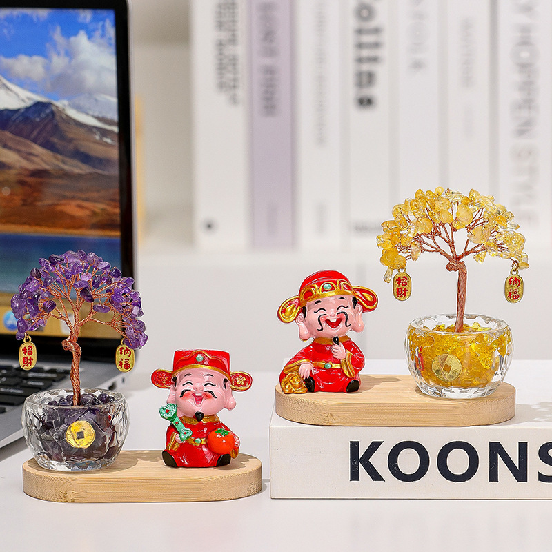 Chinese-Style Little God of Wealth Crystal Fortune Tree Office Desk Decoration Ornament Five Directions God of Wealth Workstation Money Tree Gift