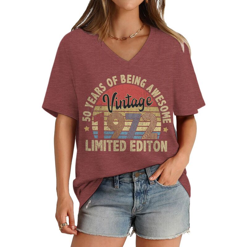 Cross-Border Exclusive Supply of Vintage Year1972 Summer V-Neck Short-Sleeved Women's T-Shirts, Slim Fit, Versatile and a Must-Have for Fashion