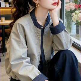 2026秋网红新款牛仔拼接外套女韩版设计感宽松立领夹克棒球服上衣