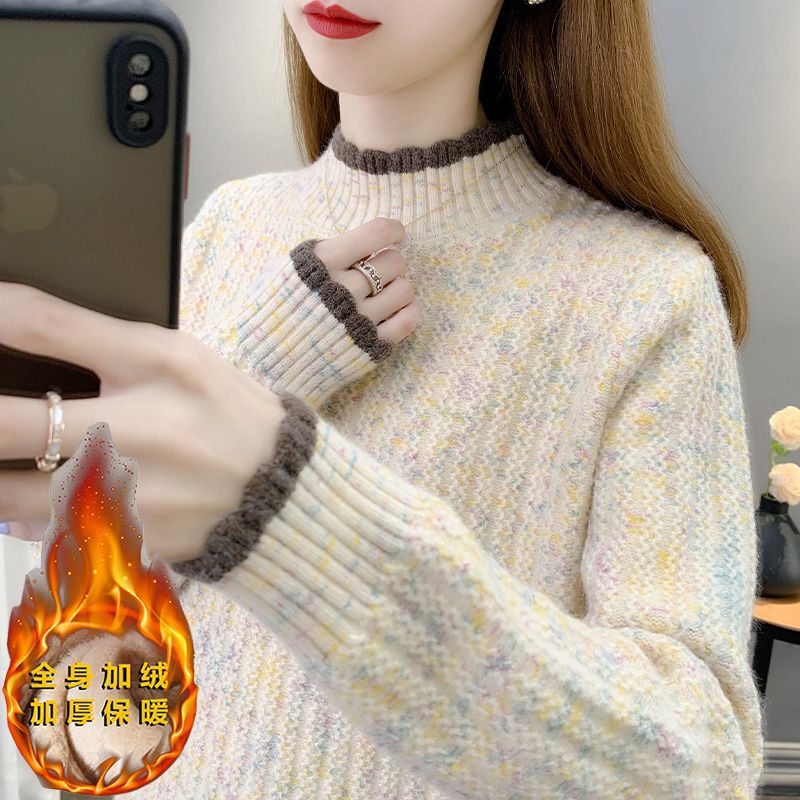 Fleece-Lined Thickened Half-High Collar Base Shirt for Women, Stylish Autumn and Winter 2025 New Loose Versatile Sweater Knit Top
