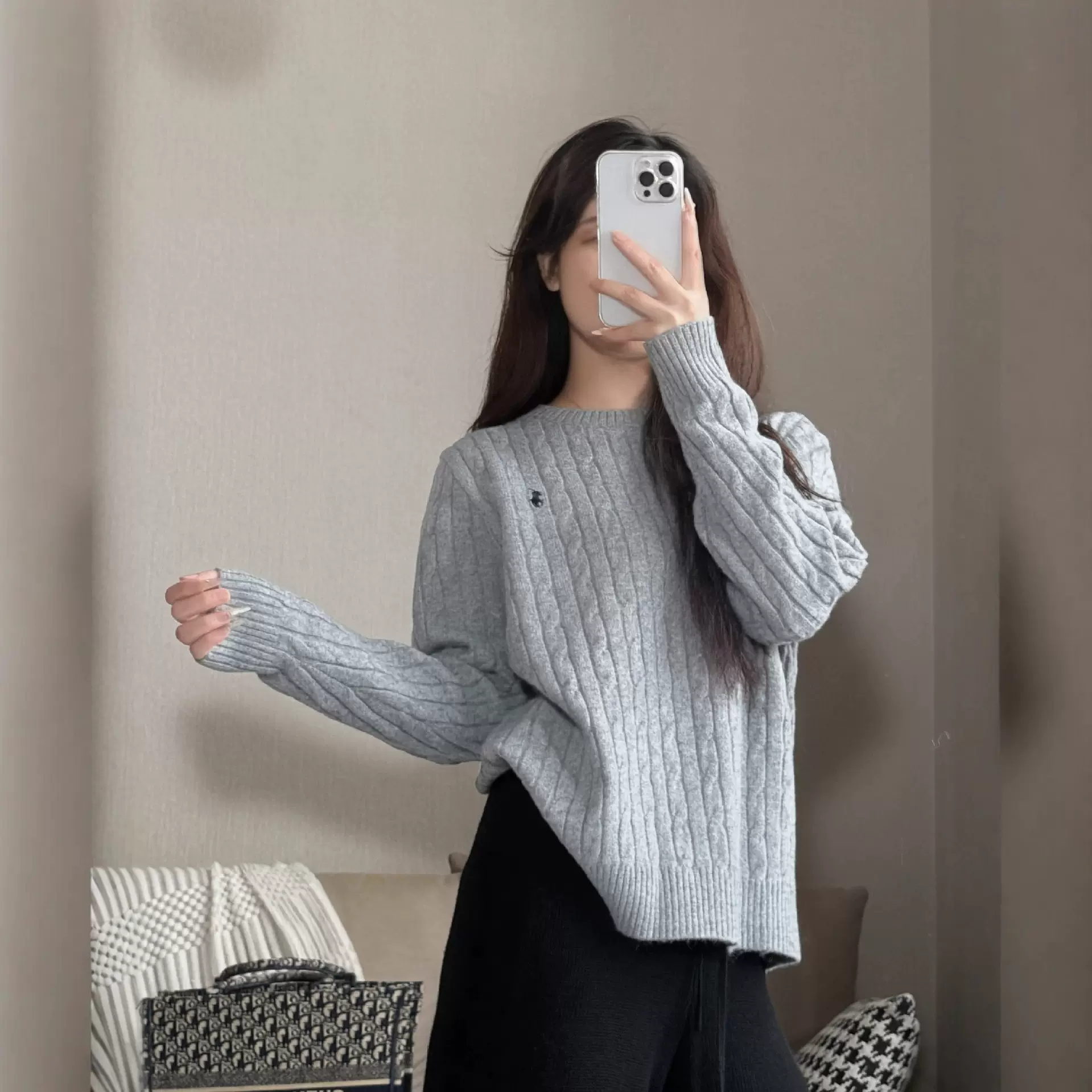 跨境RL拉夫小马标刺绣麻花针织衫绞花圆领毛衣女套头百搭长袖上衣