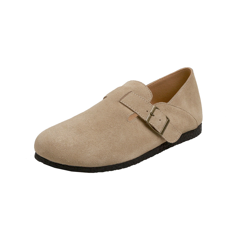 Versión de piel de oveja de la uva de otoño nuevo fieltro fondo plano gran cabeza redonda Bocken zapatos de cuero único de mujer