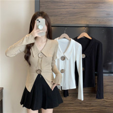 东莞毛织批发小众设计感百搭性感显瘦双纽扣polo领长袖针织上衣女