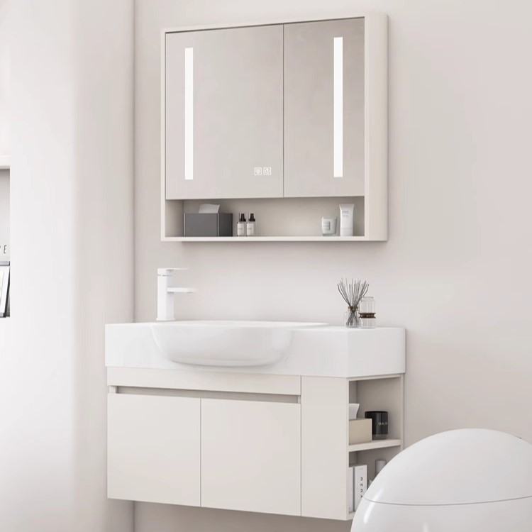 gabinete de baño de madera sólida de casa pequeña gabinete de lavabo de baño combinación lateral de almacenamiento lavabo lavabo color crema