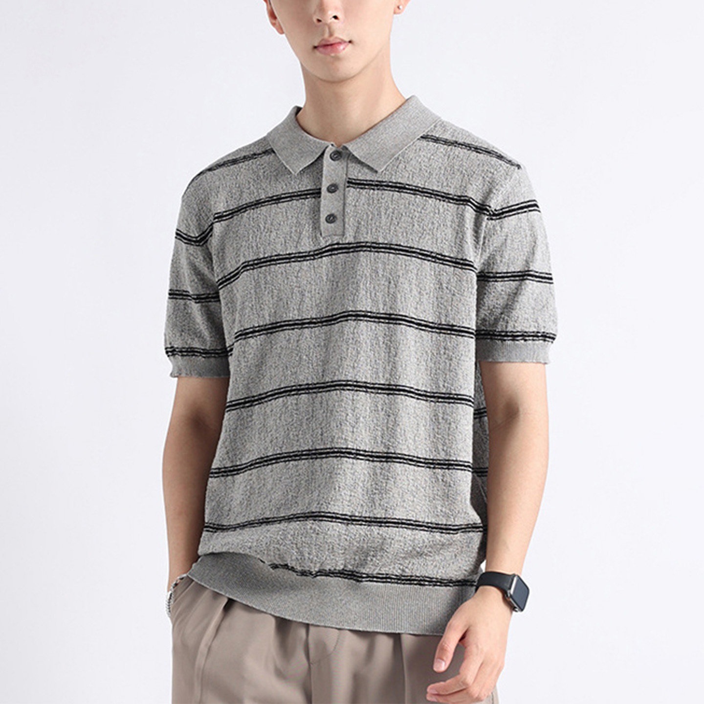 Polo camiseta de punto camiseta de manga corta hombre con solapa estriada textural vieja camiseta de hielo de verano fábrica transfronteriza al por mayor