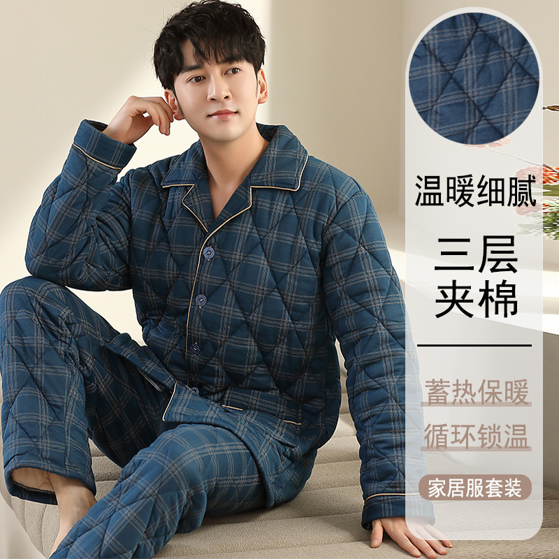 100% algodón Otoño e Invierno pijamas acolchados de tres capas engrosadas desgaste del hogar de los hombres más el tamaño ocasional traje de desgaste del hogar