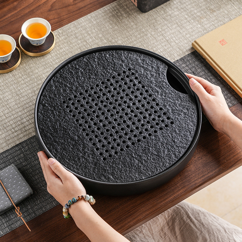 Black Gold Stone Dry Bubble Tray for Home Use, New Chinese Style Drainage Round Ceramic Kung Fu Tea Set Tray, Simple Water Storage Small Tea Table