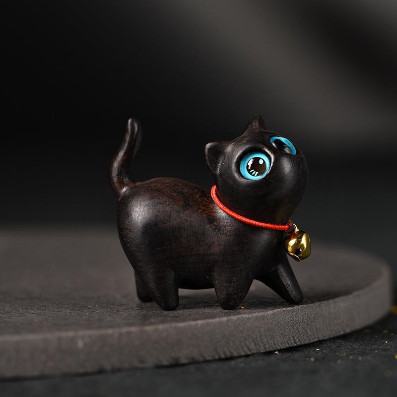 紫光檀黑猫檀木小猫原创把玩摆件可爱手工迷你桌面系创意简约
